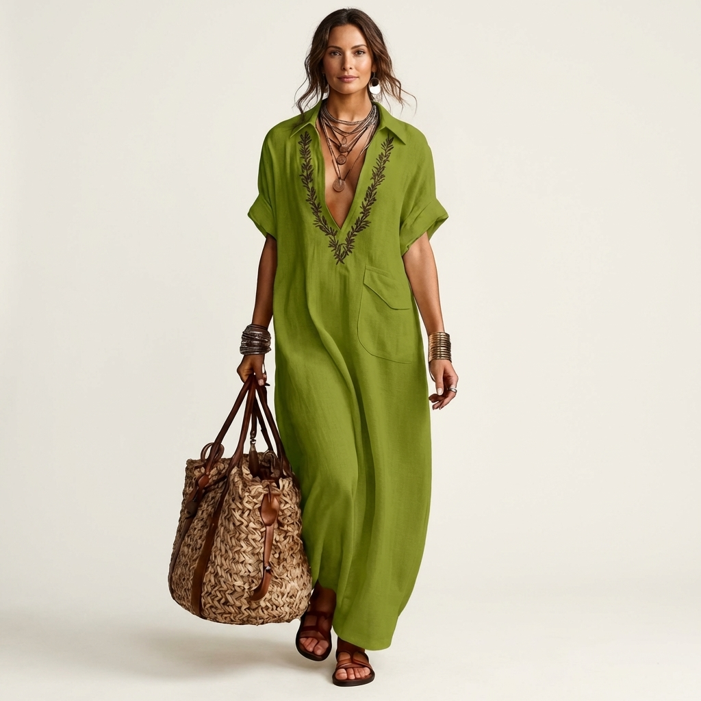 Ottoline | Embroidered V-Neck Collar Linen Maxi Dress