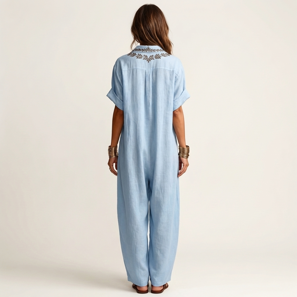 Ottoline | Embroidered V-Neck Collar Linen Maxi Dress