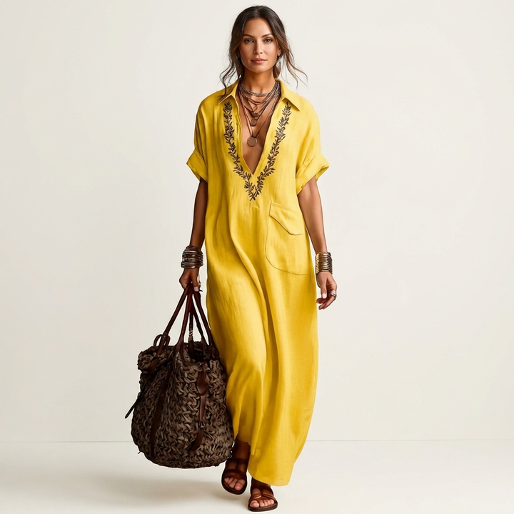 Ottoline | Embroidered V-Neck Collar Linen Maxi Dress