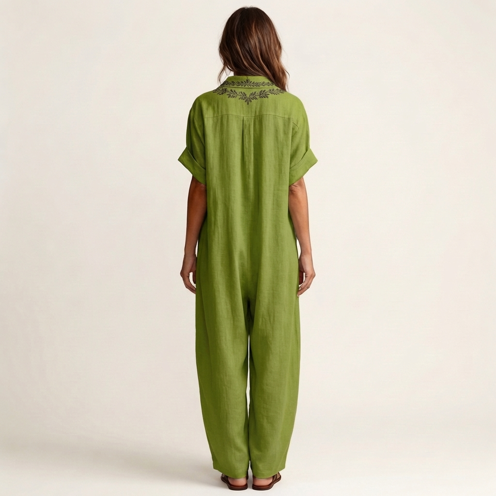 Ottoline | Embroidered V-Neck Collar Linen Maxi Dress