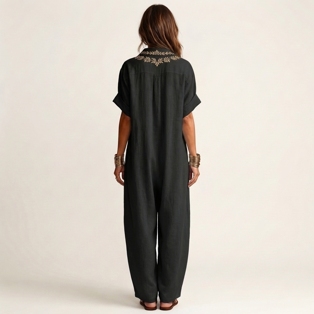 Ottoline | Embroidered V-Neck Collar Linen Maxi Dress