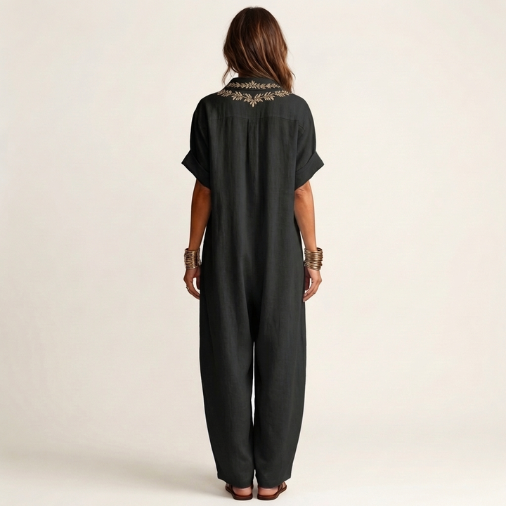 Ottoline | Embroidered V-Neck Collar Linen Maxi Dress
