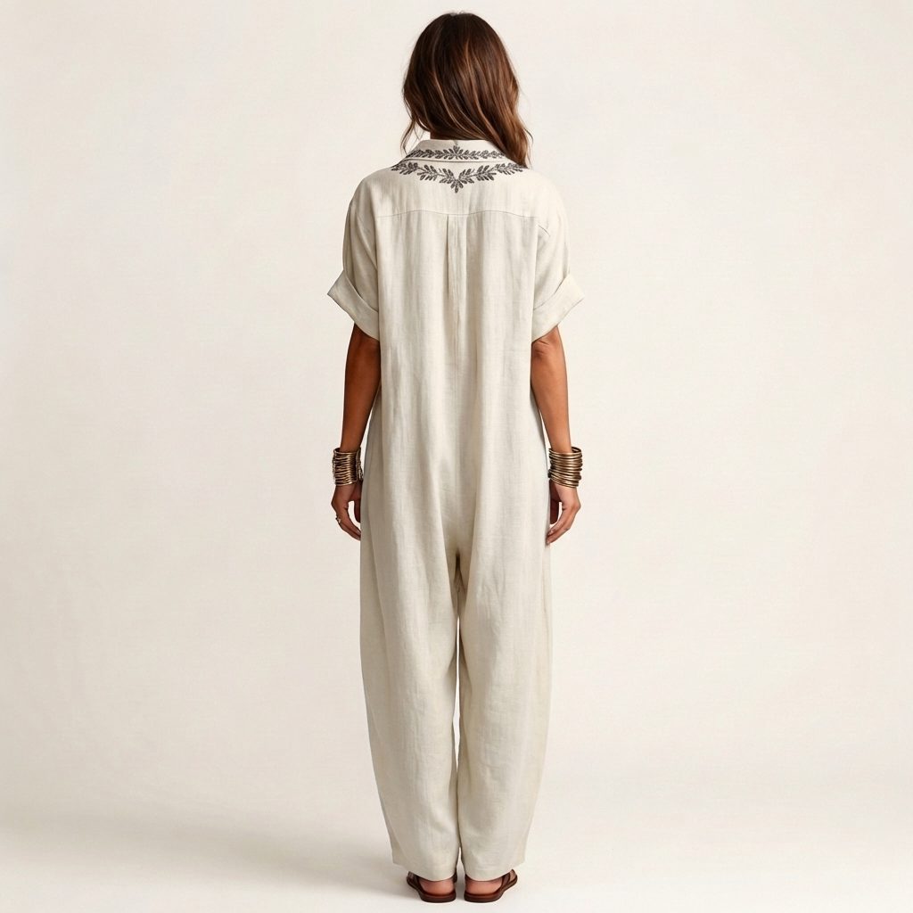 Ottoline | Embroidered V-Neck Collar Linen Maxi Dress