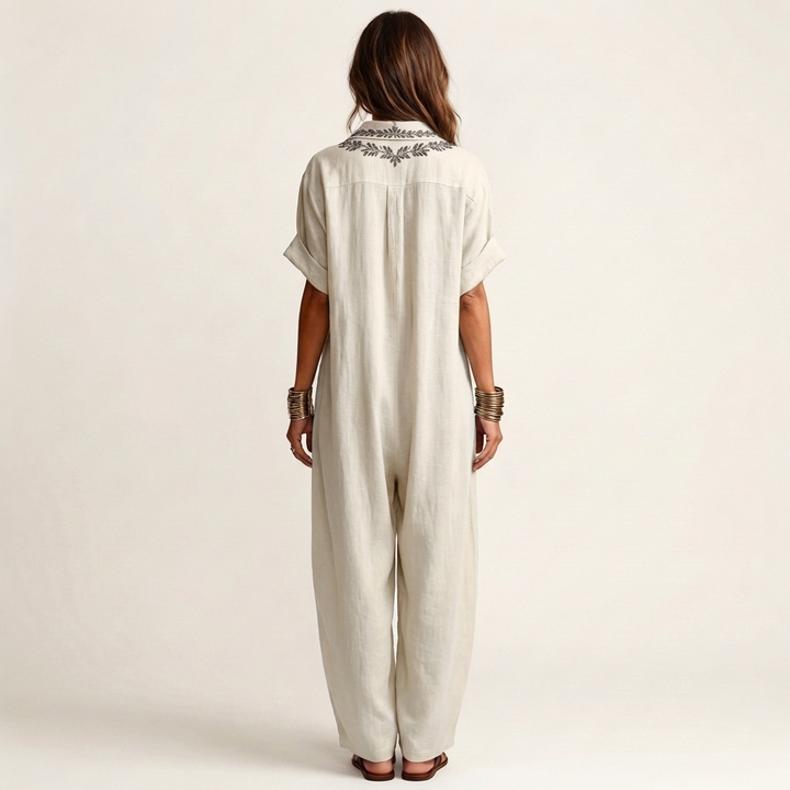 Ottoline | Embroidered V-Neck Collar Linen Maxi Dress