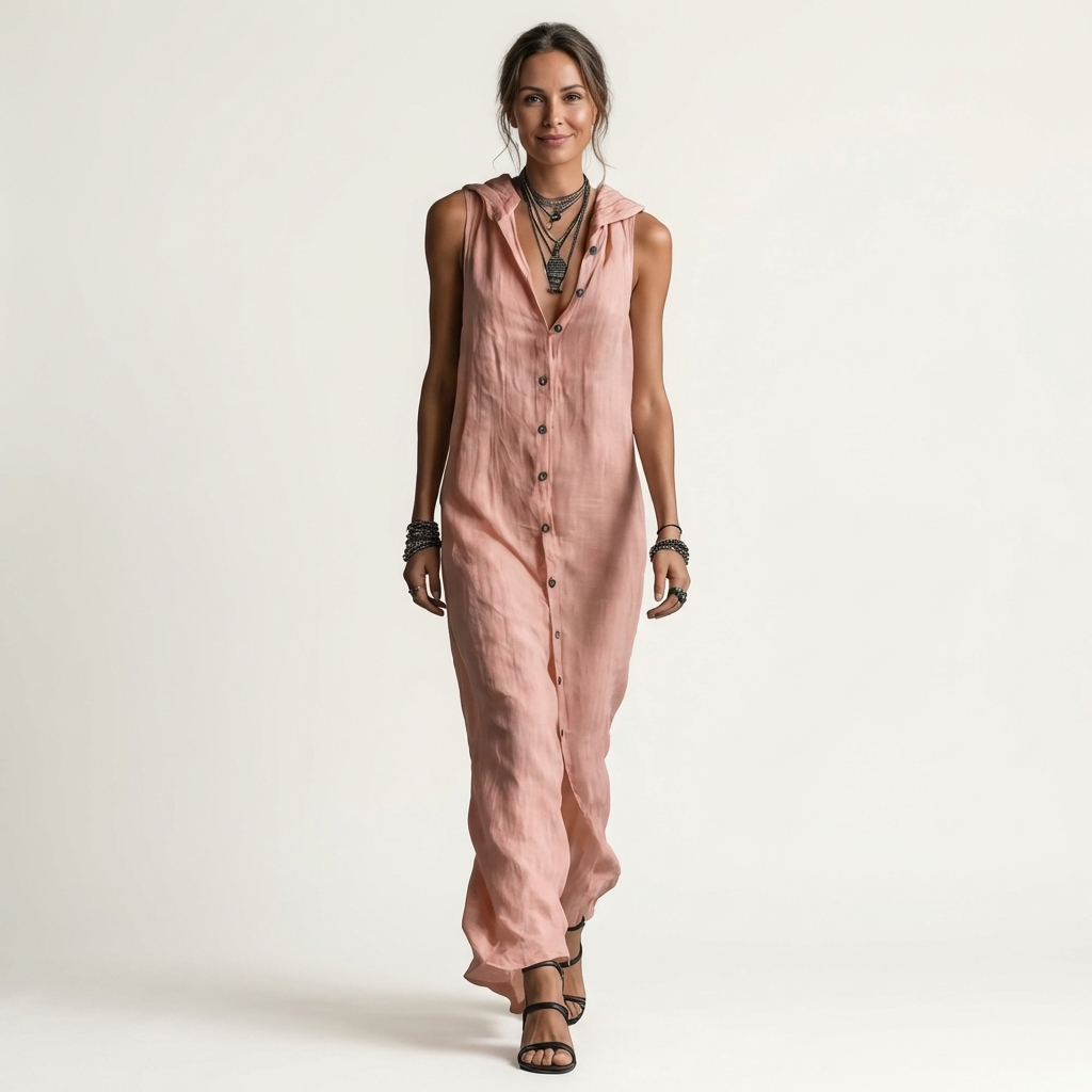Nerea | Hooded Button-Front Sleeveless Maxi Dress