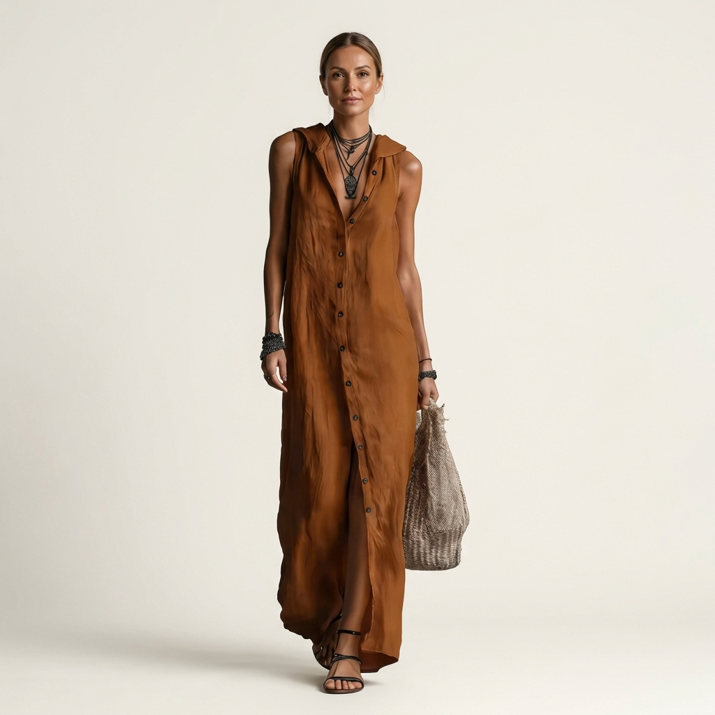 Nerea | Hooded Button-Front Sleeveless Maxi Dress