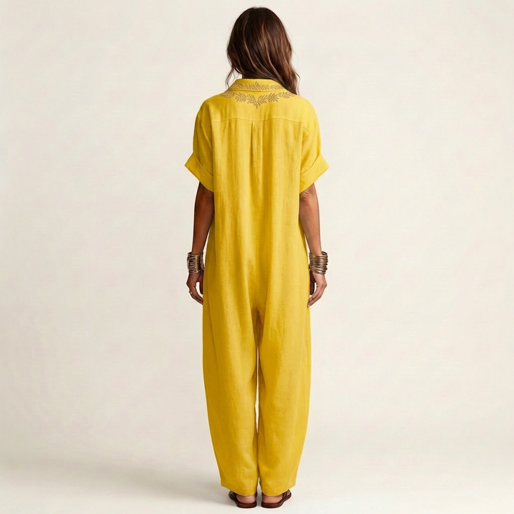 Ottoline | Embroidered V-Neck Collar Linen Maxi Dress