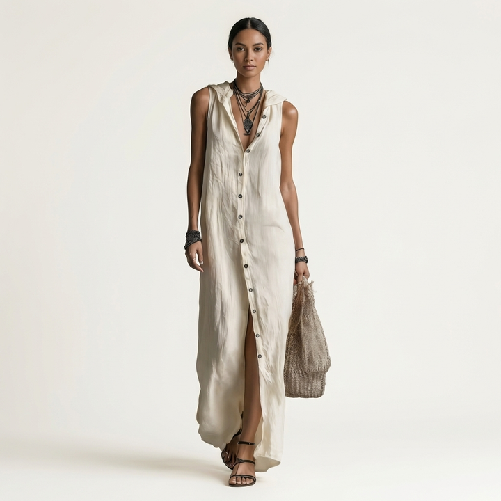 Nerea | Hooded Button-Front Sleeveless Maxi Dress