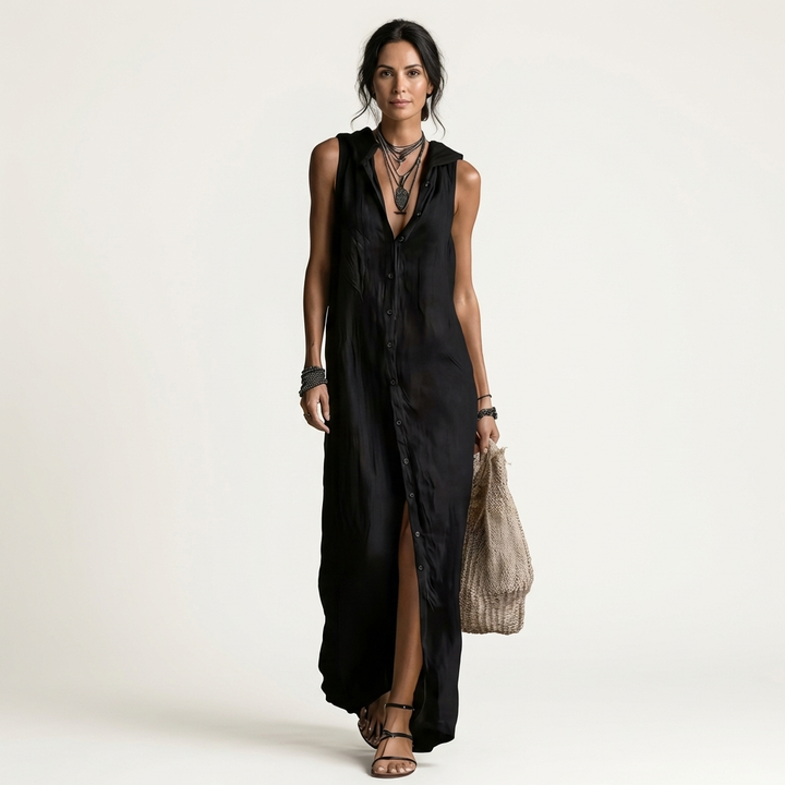 Nerea | Hooded Button-Front Sleeveless Maxi Dress