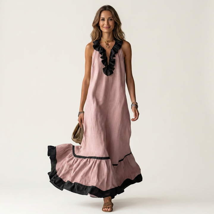 Neve | Sleeveless Ruffle-Neck Contrast-Trim Maxi Dress