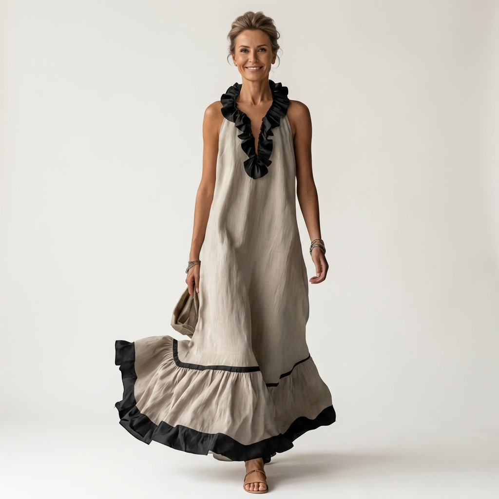 Neve | Sleeveless Ruffle-Neck Contrast-Trim Maxi Dress
