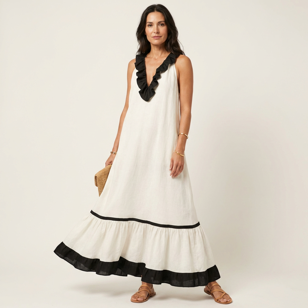 Neve | Sleeveless Ruffle-Neck Contrast-Trim Maxi Dress