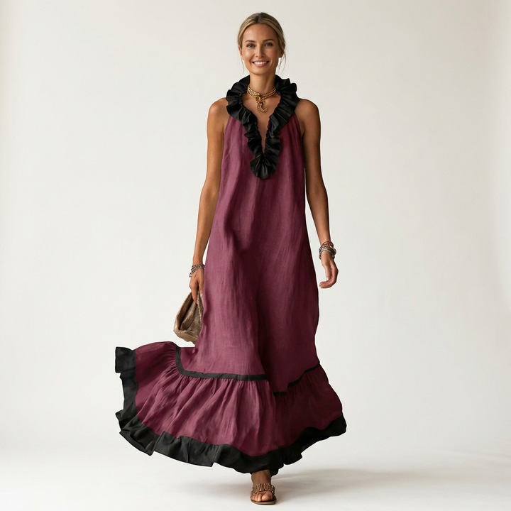 Neve | Sleeveless Ruffle-Neck Contrast-Trim Maxi Dress