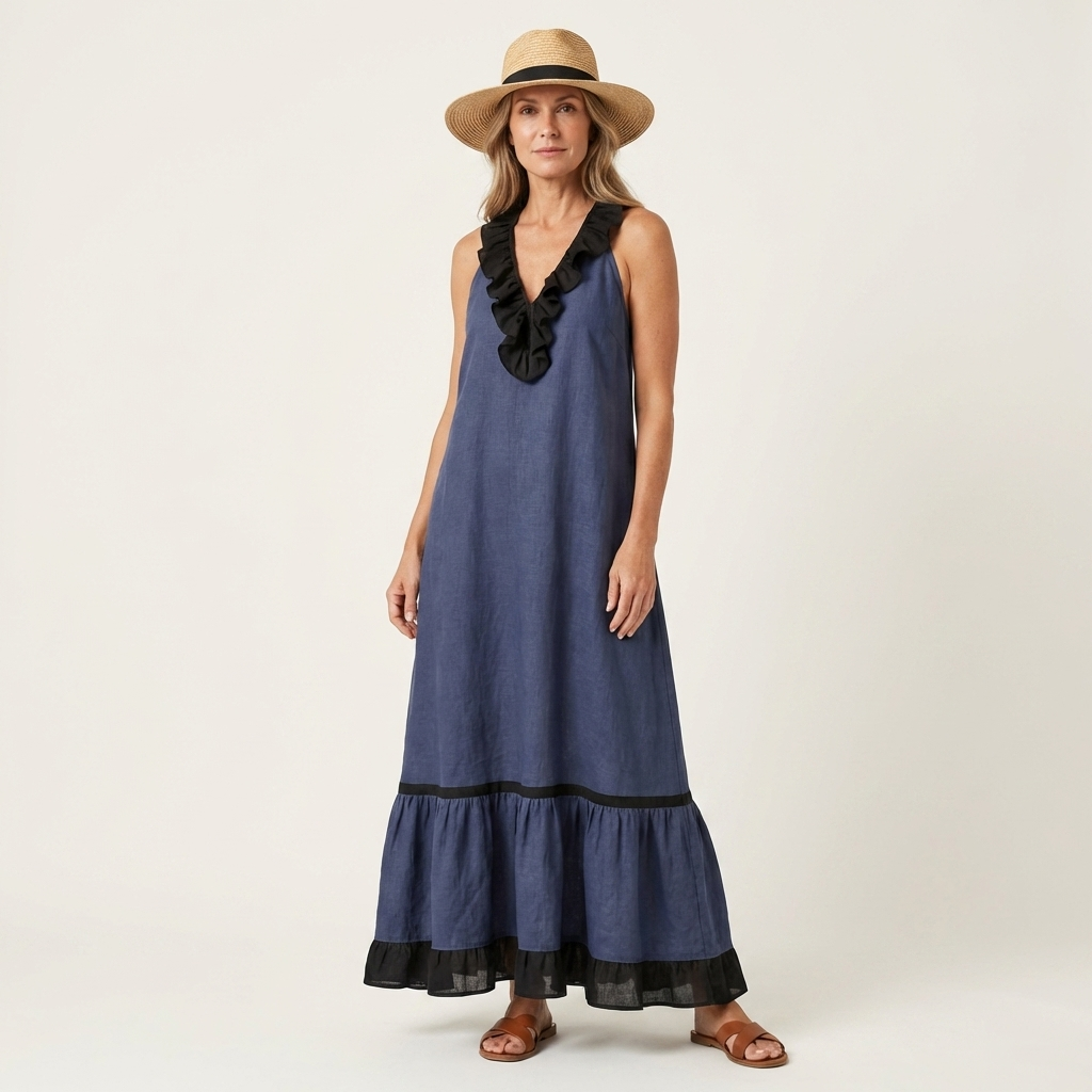 Neve | Sleeveless Ruffle-Neck Contrast-Trim Maxi Dress