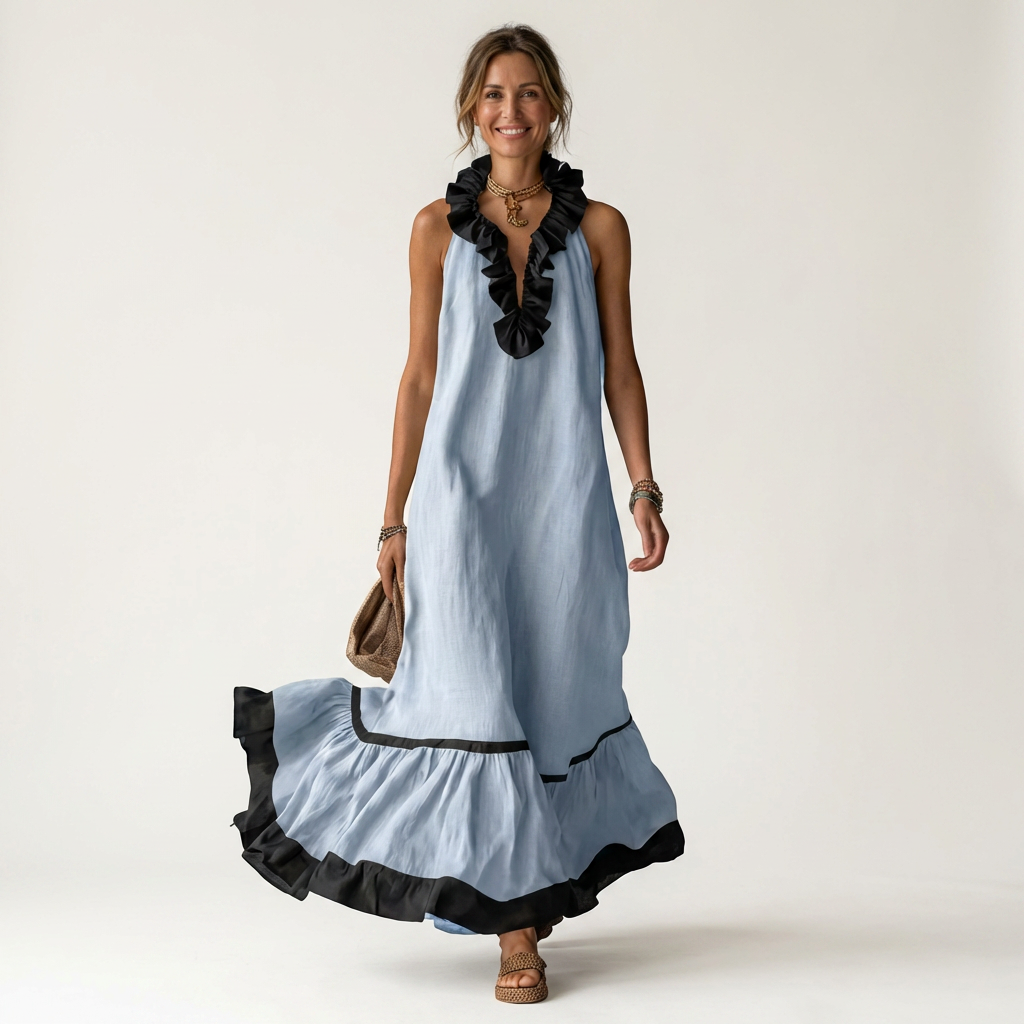 Neve | Sleeveless Ruffle-Neck Contrast-Trim Maxi Dress