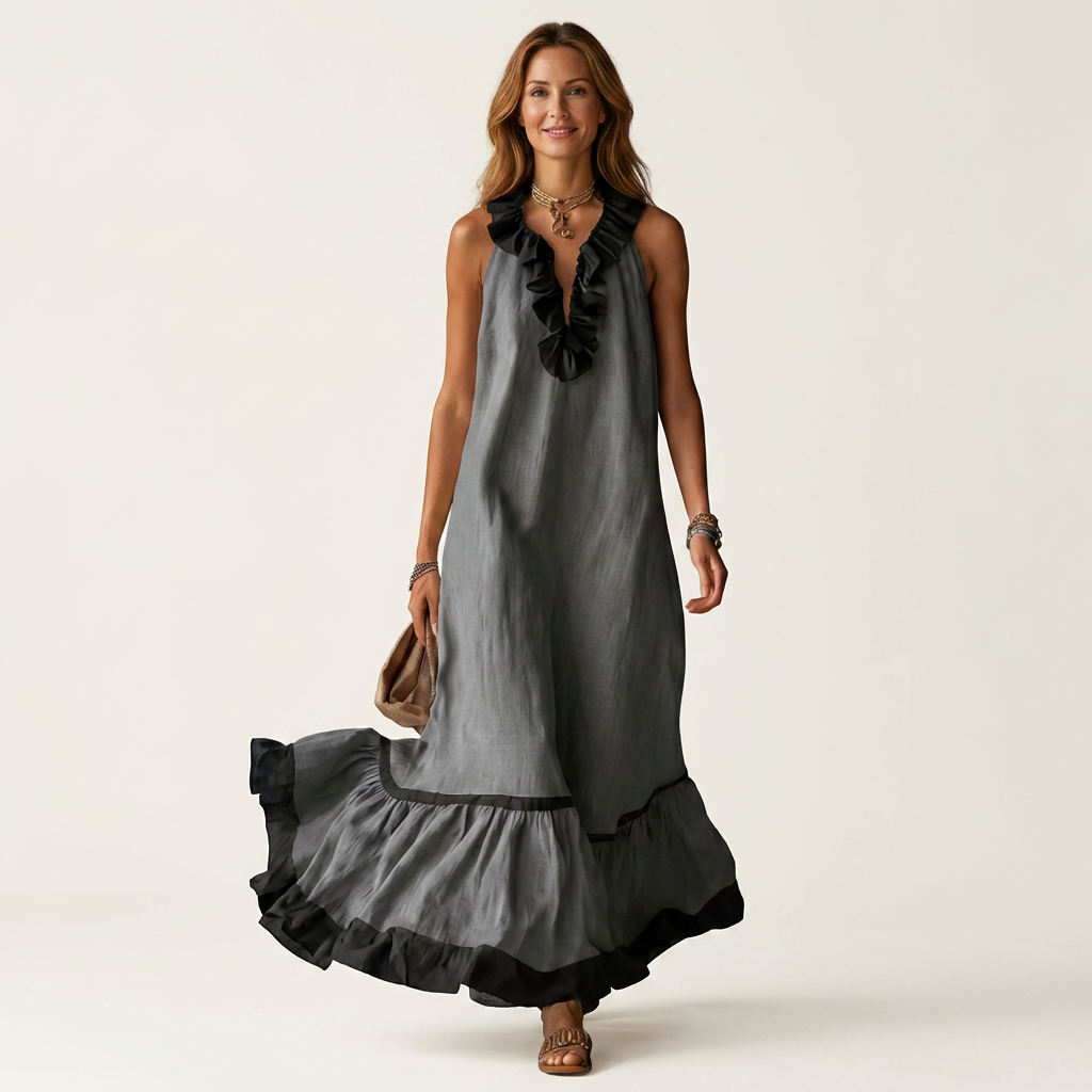 Neve | Sleeveless Ruffle-Neck Contrast-Trim Maxi Dress
