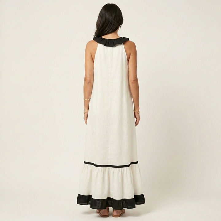 Neve | Sleeveless Ruffle-Neck Contrast-Trim Maxi Dress