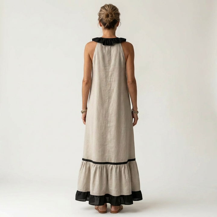 Neve | Sleeveless Ruffle-Neck Contrast-Trim Maxi Dress