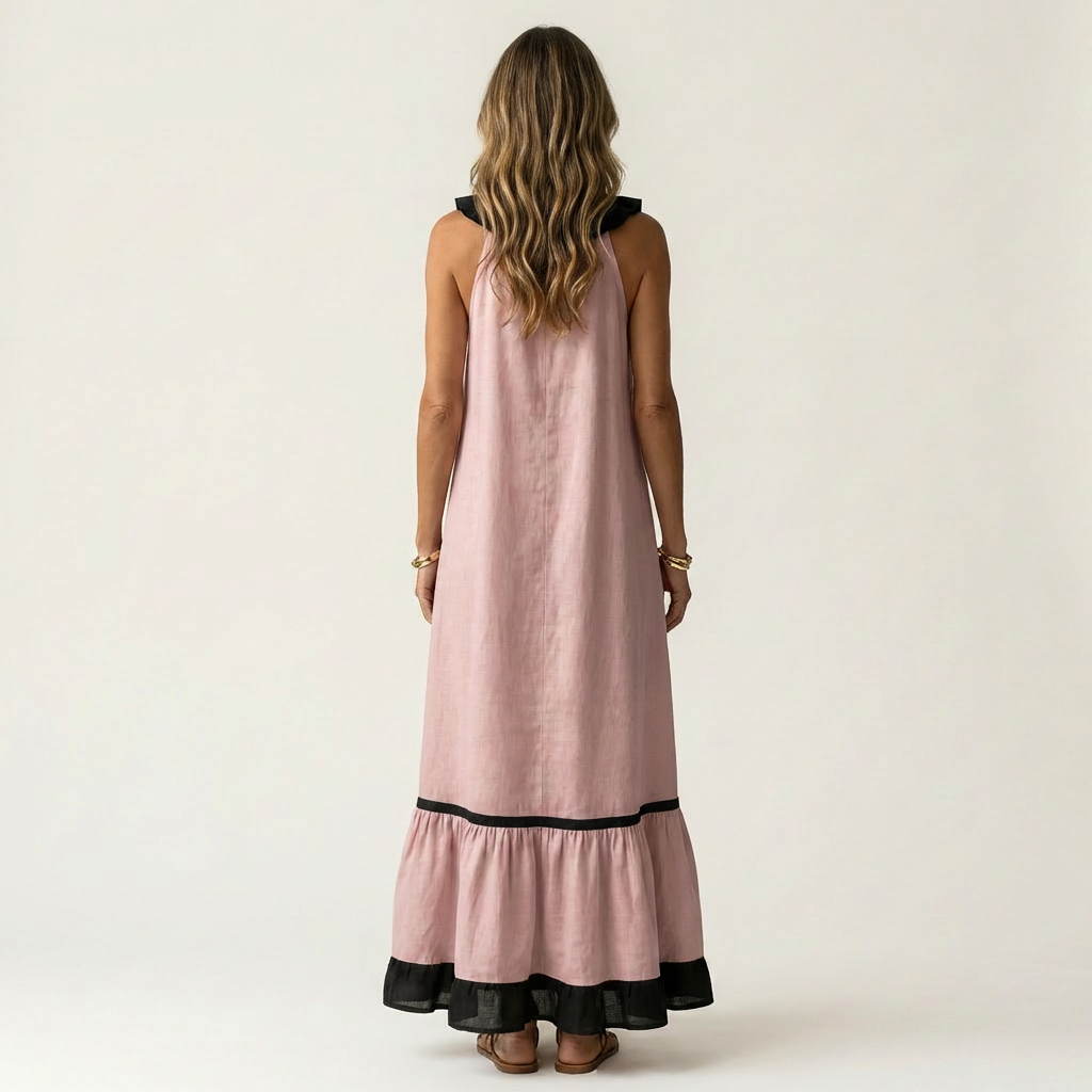 Neve | Sleeveless Ruffle-Neck Contrast-Trim Maxi Dress