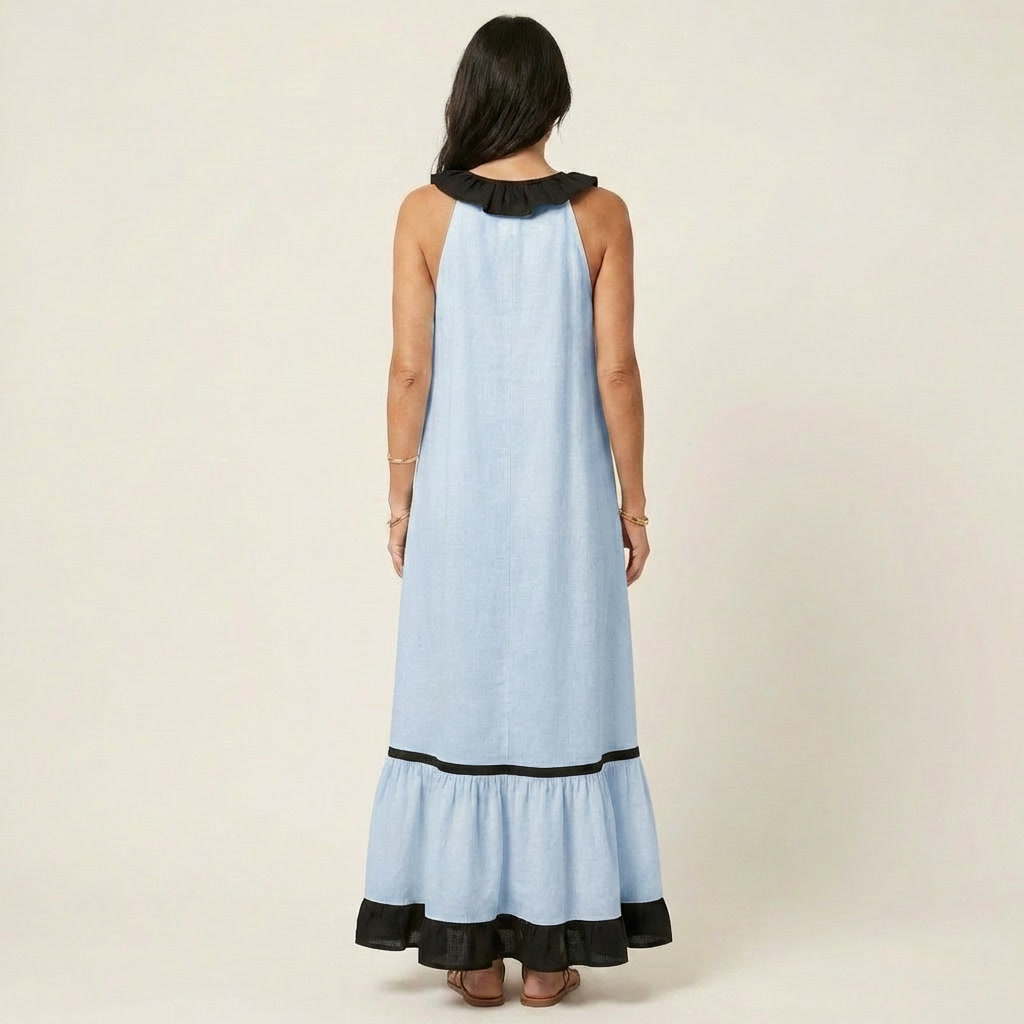 Neve | Sleeveless Ruffle-Neck Contrast-Trim Maxi Dress