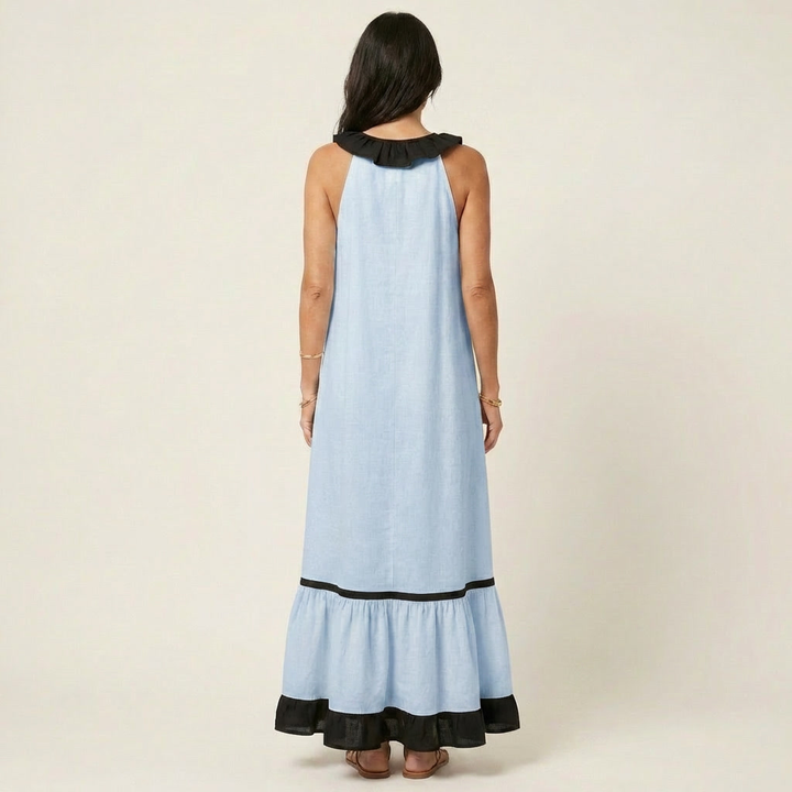 Neve | Sleeveless Ruffle-Neck Contrast-Trim Maxi Dress