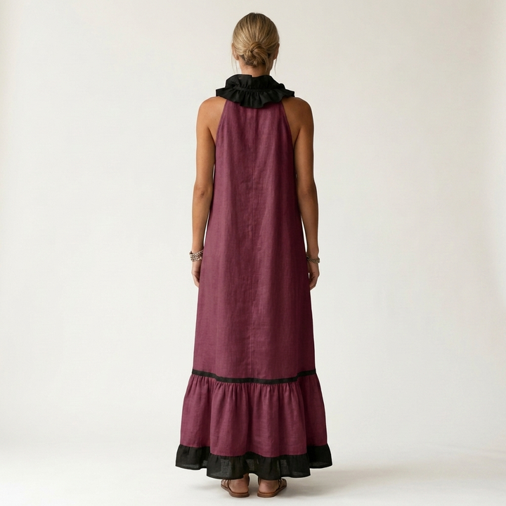 Neve | Sleeveless Ruffle-Neck Contrast-Trim Maxi Dress