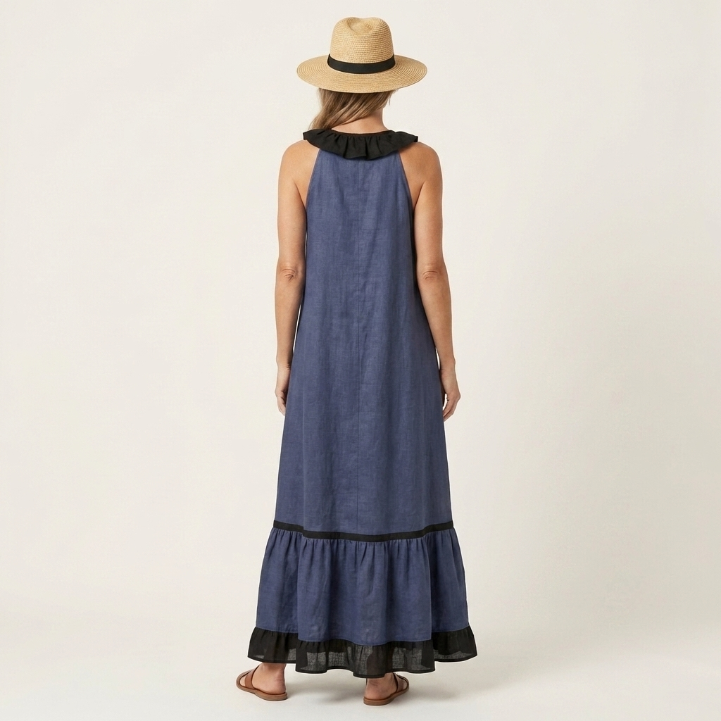 Neve | Sleeveless Ruffle-Neck Contrast-Trim Maxi Dress