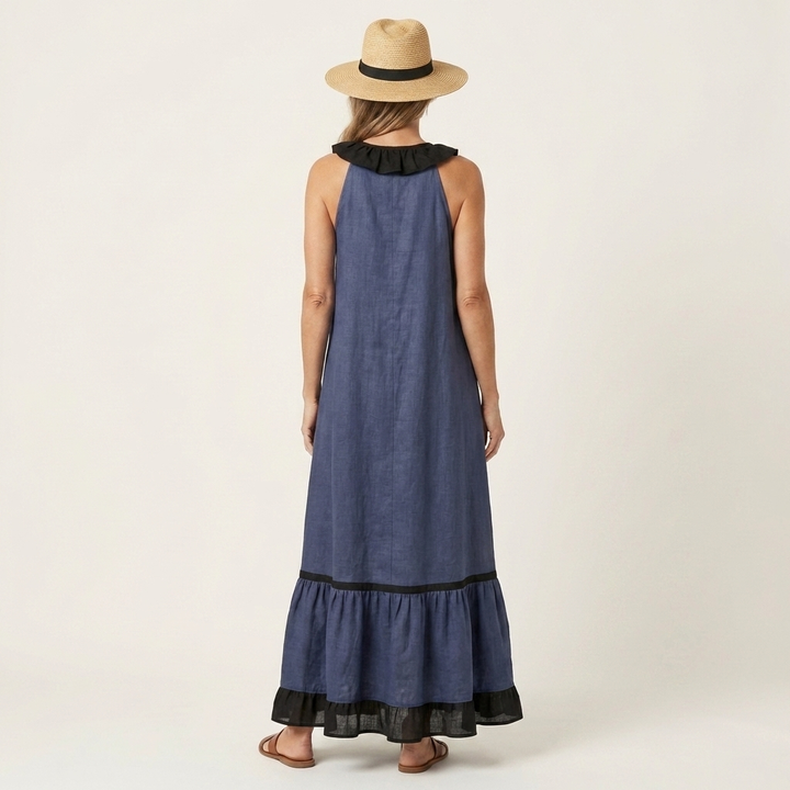 Neve | Sleeveless Ruffle-Neck Contrast-Trim Maxi Dress