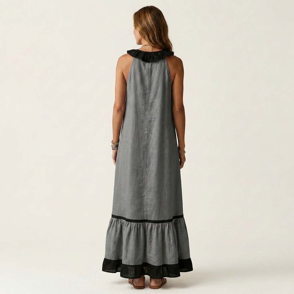Neve | Sleeveless Ruffle-Neck Contrast-Trim Maxi Dress