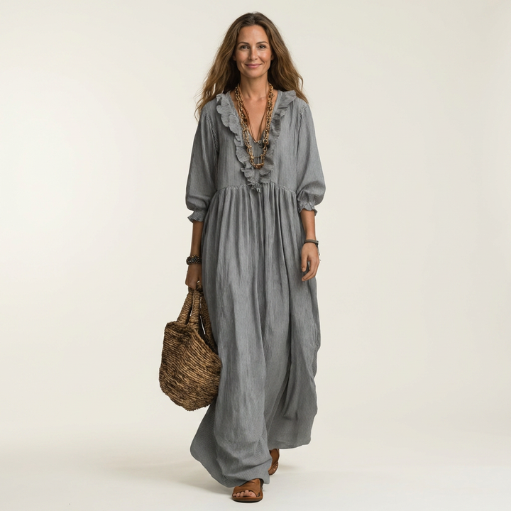 Olympia | Ruffle V-Neck Striped Lantern-Sleeve Maxi Dress