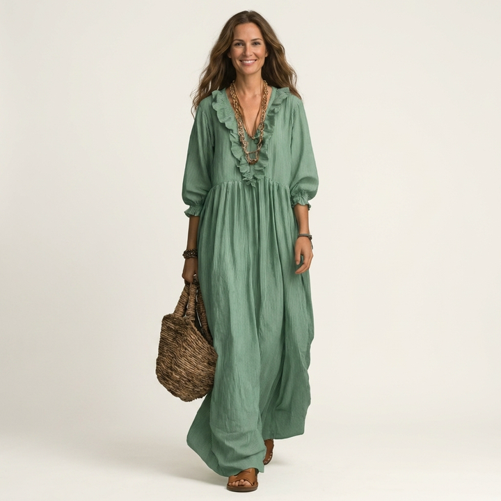 Olympia | Ruffle V-Neck Striped Lantern-Sleeve Maxi Dress