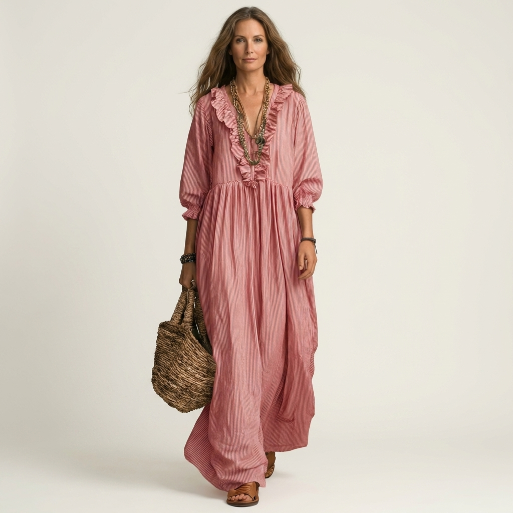 Olympia | Ruffle V-Neck Striped Lantern-Sleeve Maxi Dress