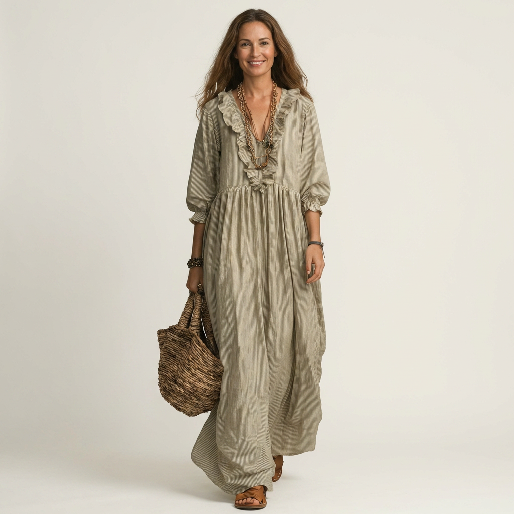 Olympia | Ruffle V-Neck Striped Lantern-Sleeve Maxi Dress