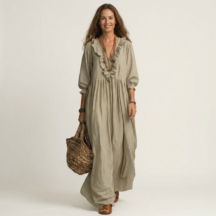 Olympia | Ruffle V-Neck Striped Lantern-Sleeve Maxi Dress