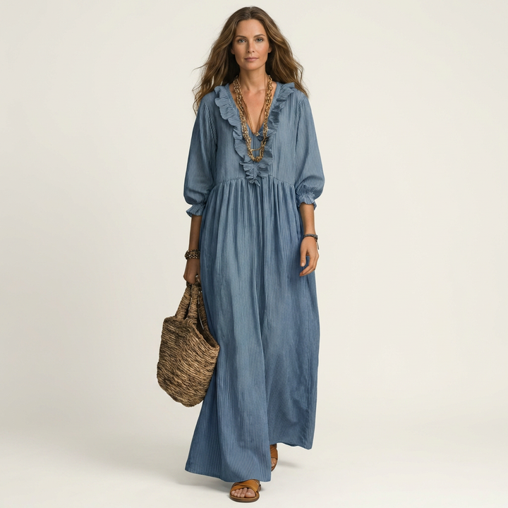 Olympia | Ruffle V-Neck Striped Lantern-Sleeve Maxi Dress