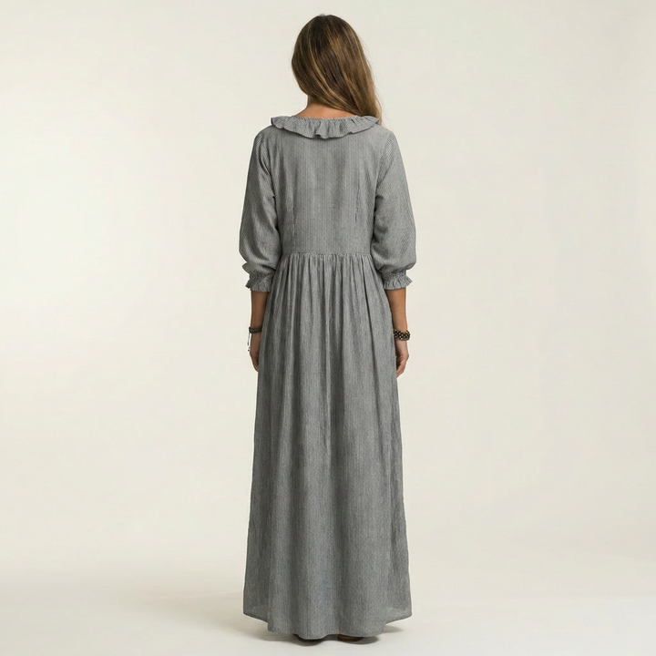 Olympia | Ruffle V-Neck Striped Lantern-Sleeve Maxi Dress