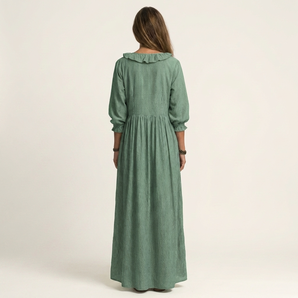 Olympia | Ruffle V-Neck Striped Lantern-Sleeve Maxi Dress