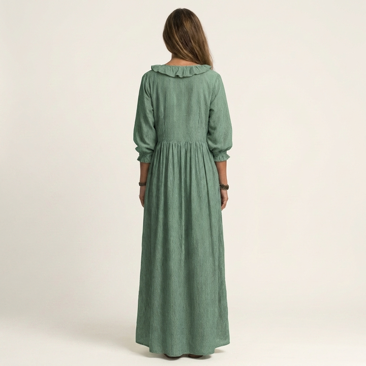 Olympia | Ruffle V-Neck Striped Lantern-Sleeve Maxi Dress