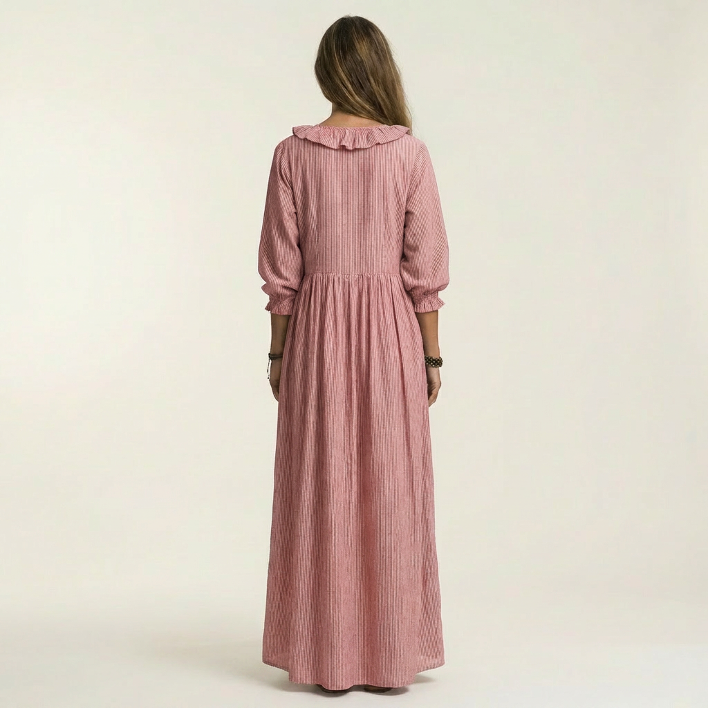 Olympia | Ruffle V-Neck Striped Lantern-Sleeve Maxi Dress