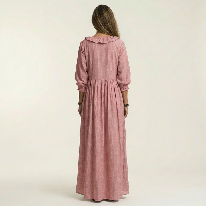 Olympia | Ruffle V-Neck Striped Lantern-Sleeve Maxi Dress