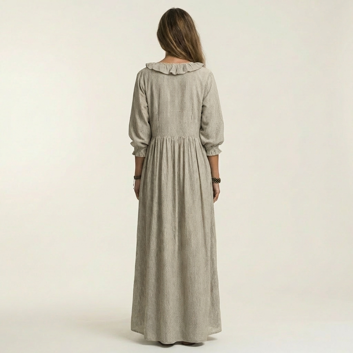 Olympia | Ruffle V-Neck Striped Lantern-Sleeve Maxi Dress