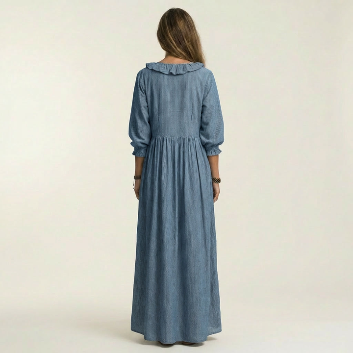 Olympia | Ruffle V-Neck Striped Lantern-Sleeve Maxi Dress