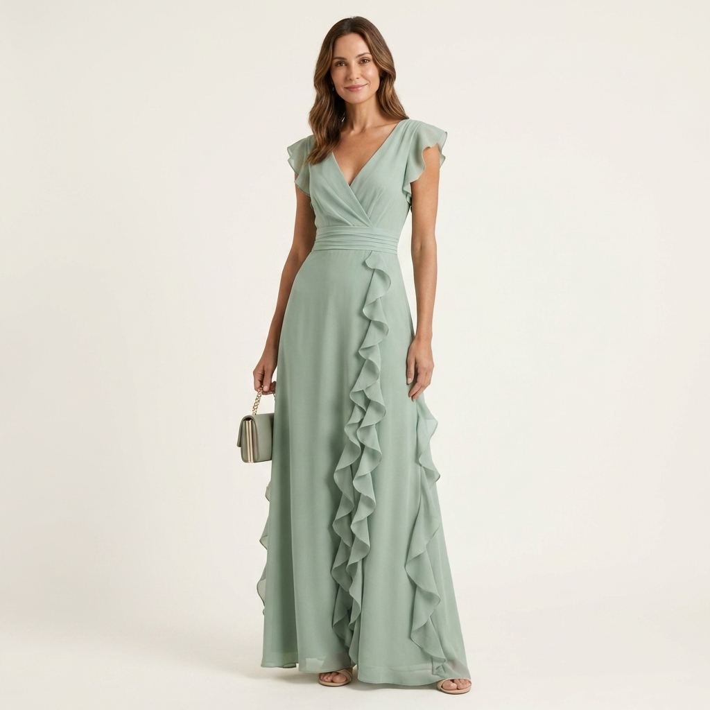 Oona | Wrap-Style V-Neck Flutter-Sleeve Cascading Ruffle Maxi Dress