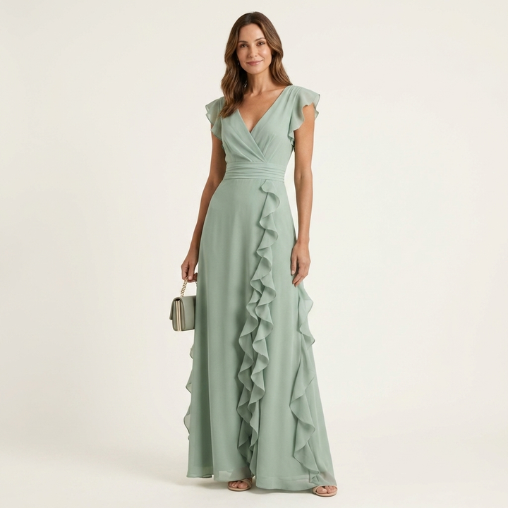 Oona | Wrap-Style V-Neck Flutter-Sleeve Cascading Ruffle Maxi Dress