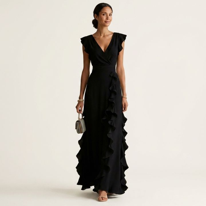 Oona | Wrap-Style V-Neck Flutter-Sleeve Cascading Ruffle Maxi Dress