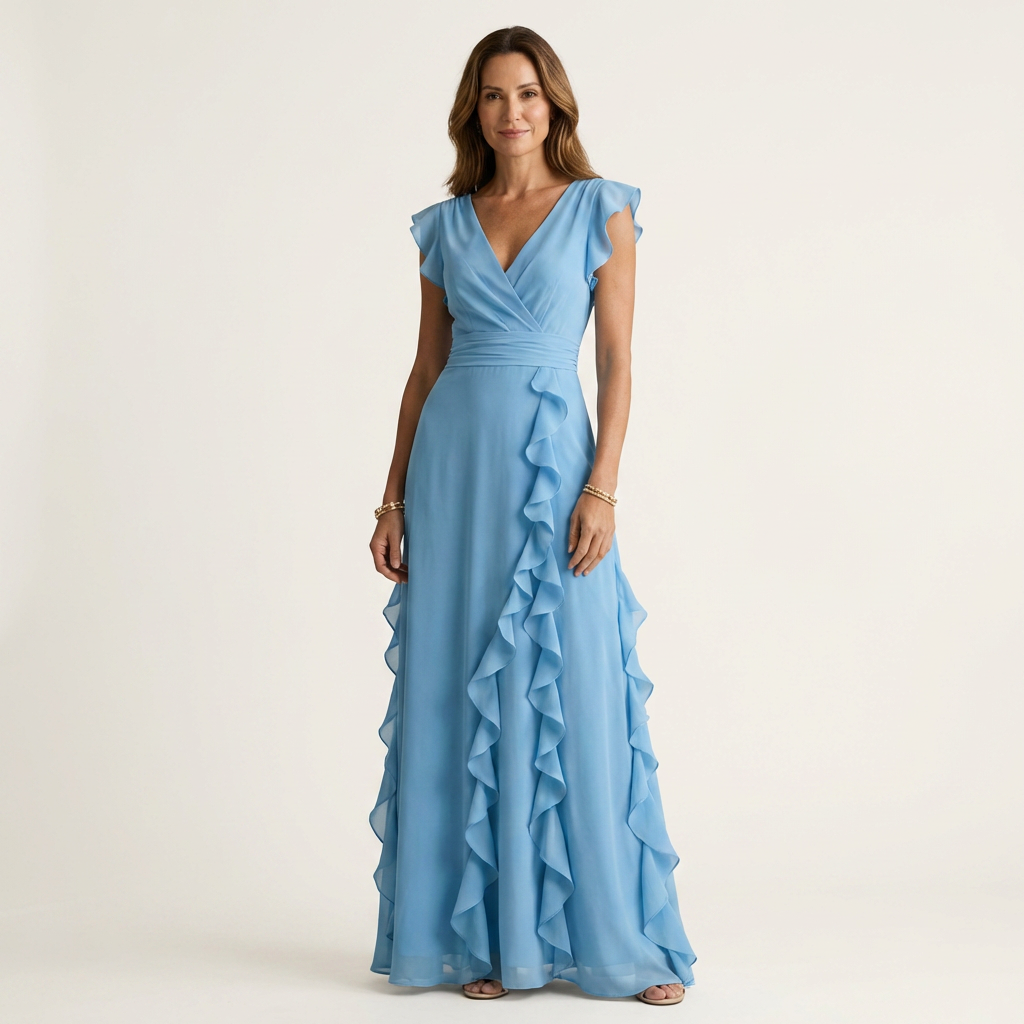 Oona | Wrap-Style V-Neck Flutter-Sleeve Cascading Ruffle Maxi Dress