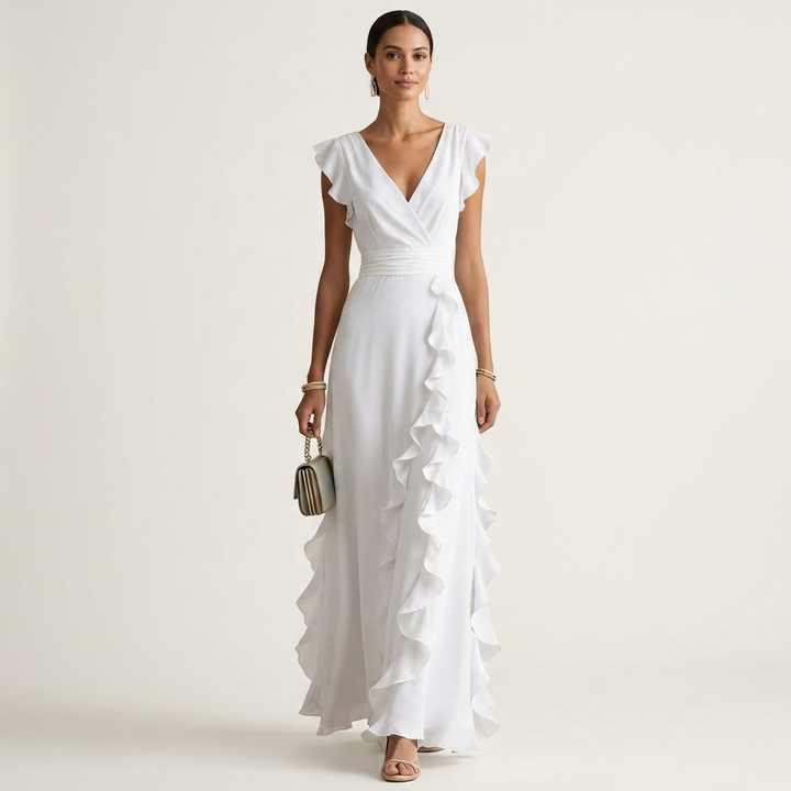 Oona | Wrap-Style V-Neck Flutter-Sleeve Cascading Ruffle Maxi Dress