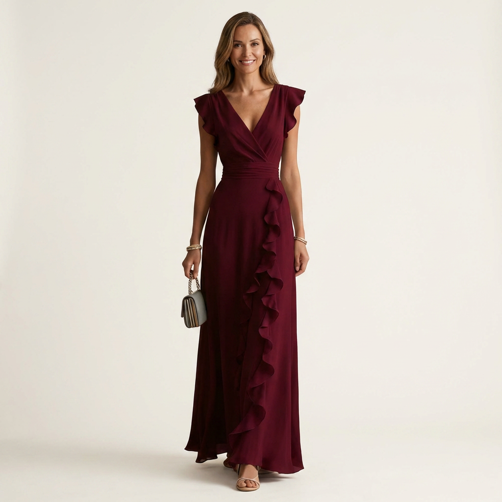 Oona | Wrap-Style V-Neck Flutter-Sleeve Cascading Ruffle Maxi Dress