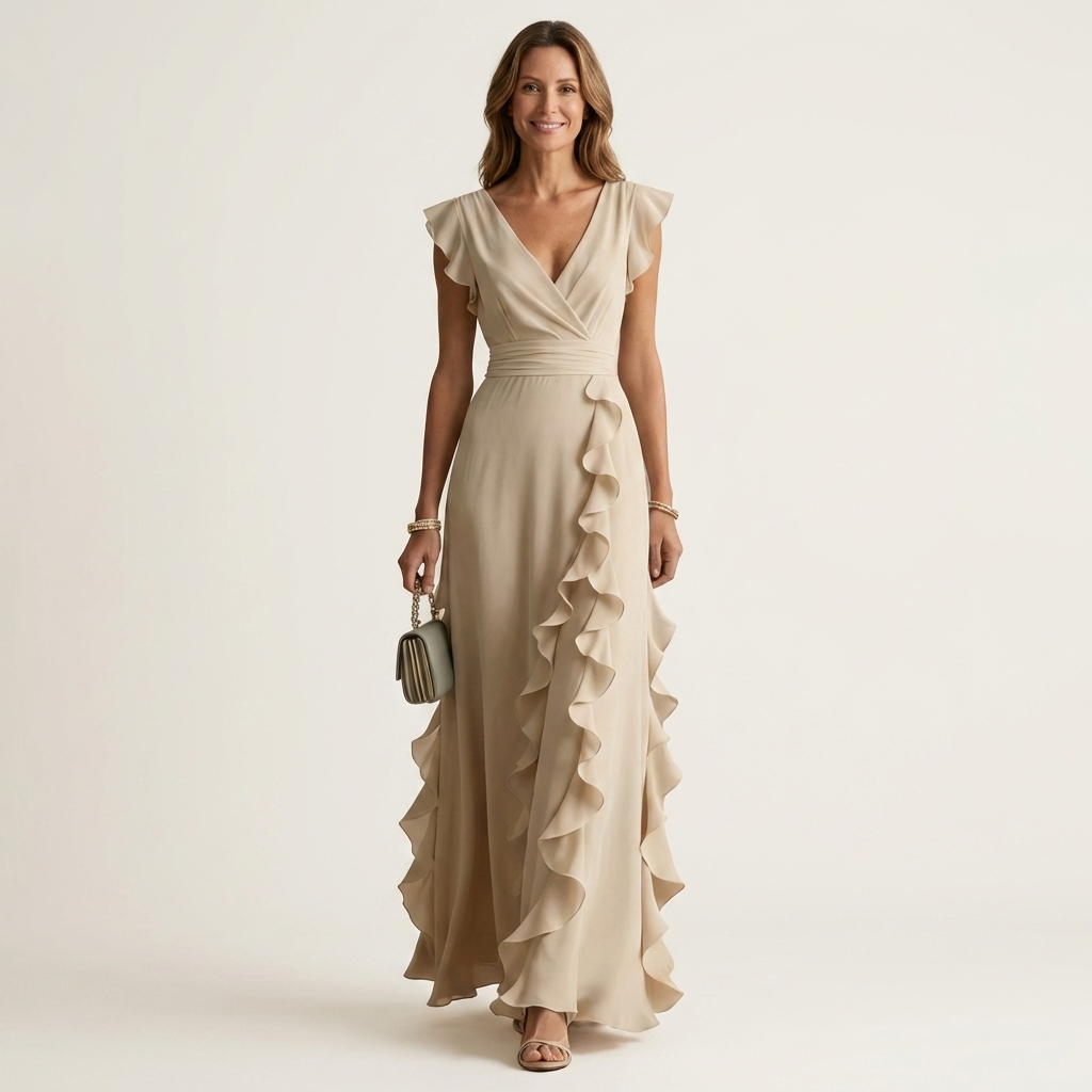 Oona | Wrap-Style V-Neck Flutter-Sleeve Cascading Ruffle Maxi Dress