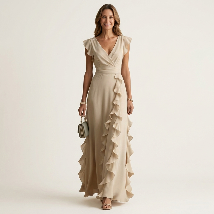 Oona | Wrap-Style V-Neck Flutter-Sleeve Cascading Ruffle Maxi Dress